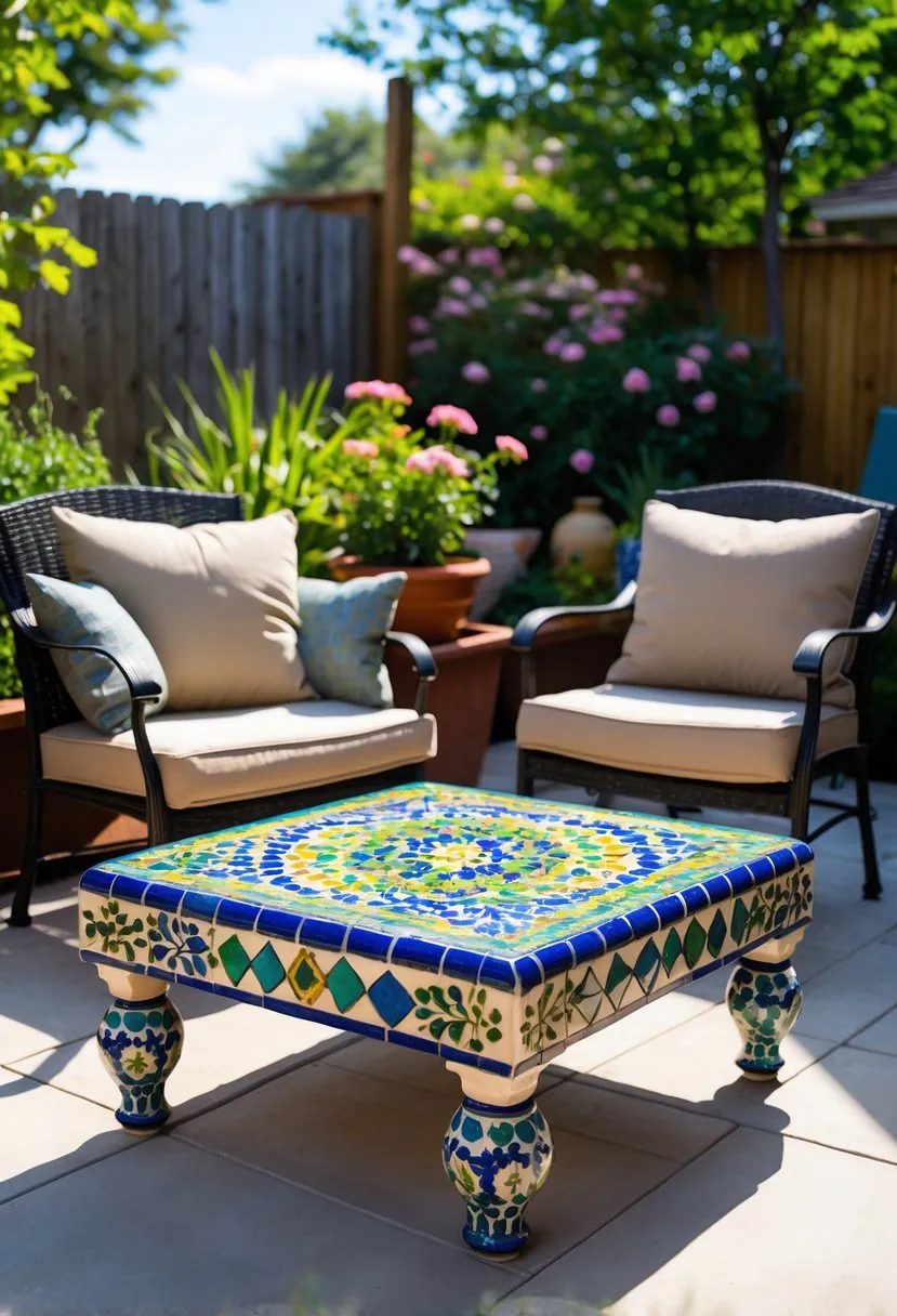 Small outdoor patio with a colorful mosaic tile coffee table surrounded by chairs and greenery.
