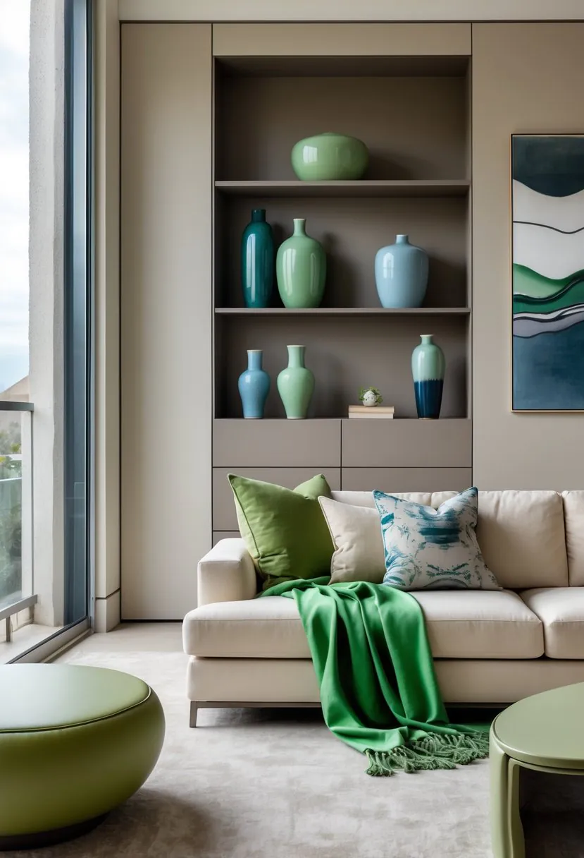 A living room with beige walls, cream furniture, and green accent pillows, featuring decorative items in blue, jade, plum, and dark shades on a bookshelf.