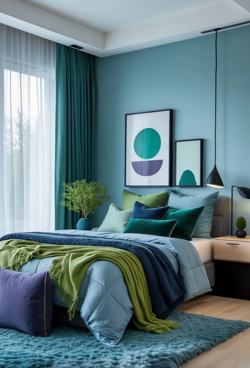A modern bedroom with a neatly made bed featuring blue and green pillows and throws, soft blue walls, natural light coming through sheer curtains, a wooden nightstand with a plant and lamp, and a blue area rug on the floor.