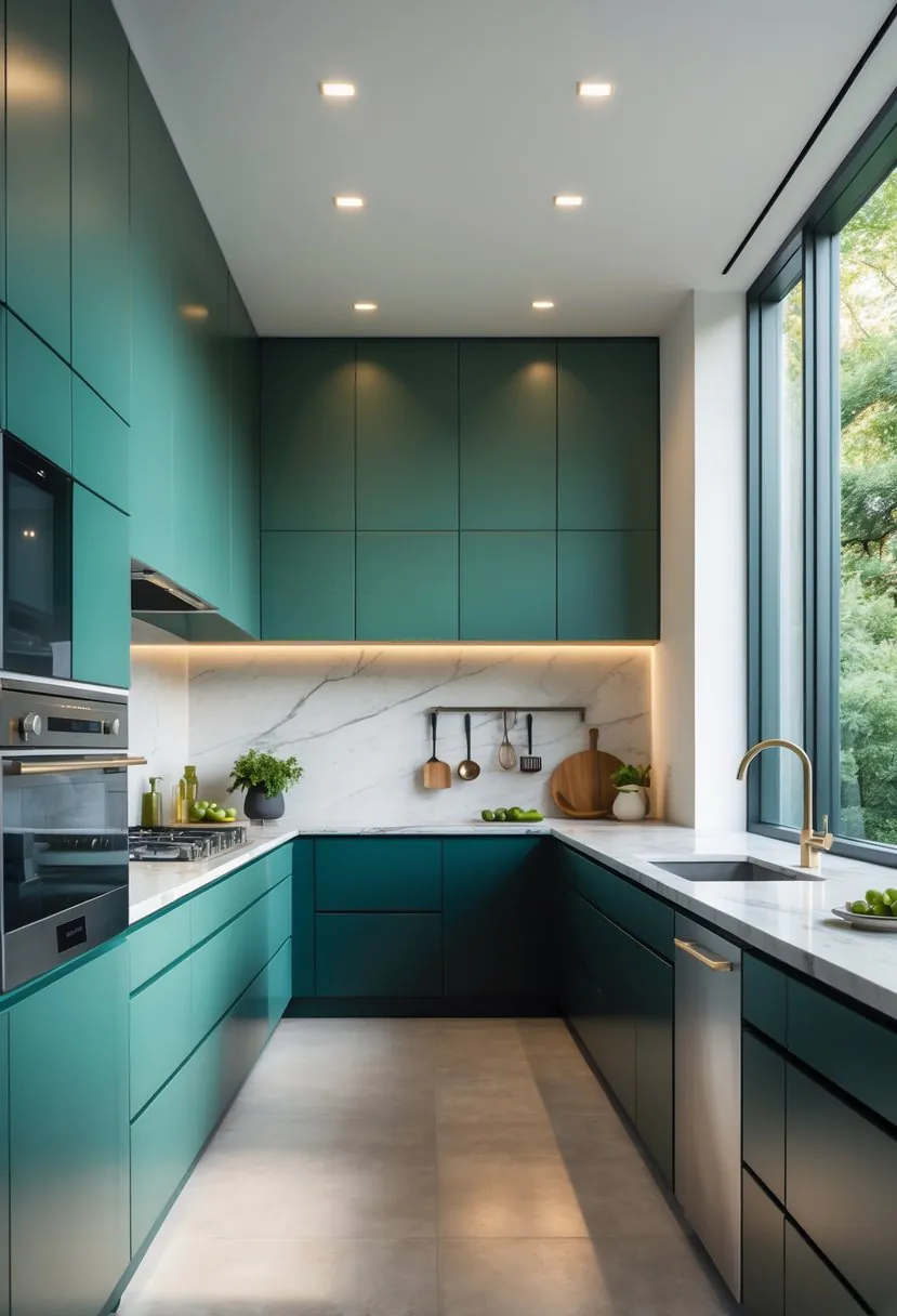 A modern kitchen with jade green and blue cabinets, a marble island, stainless steel appliances, and natural light coming through large windows.