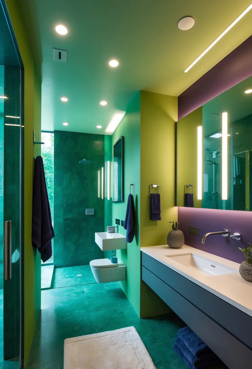 A modern bathroom with wasabi green walls, blue and jade accents, a large mirror, and elegant lighting.