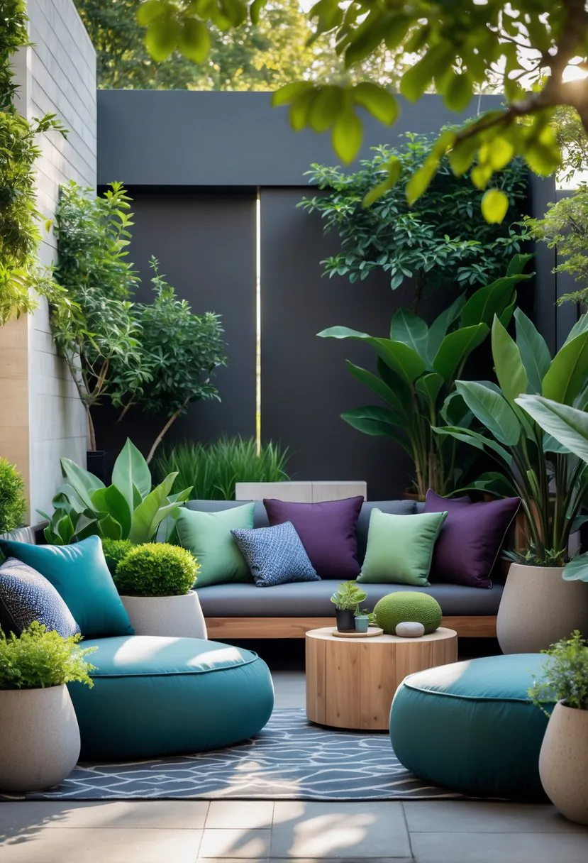 An outdoor living space with seating and plants featuring shades of blue, green, plum, black, and wasabi.