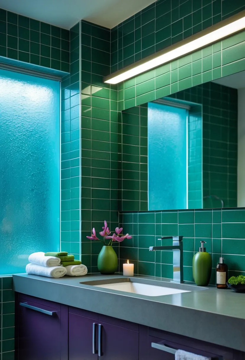 A modern bathroom with jade green tiled walls, plum-colored vanities, and spa accessories arranged neatly on the countertop.