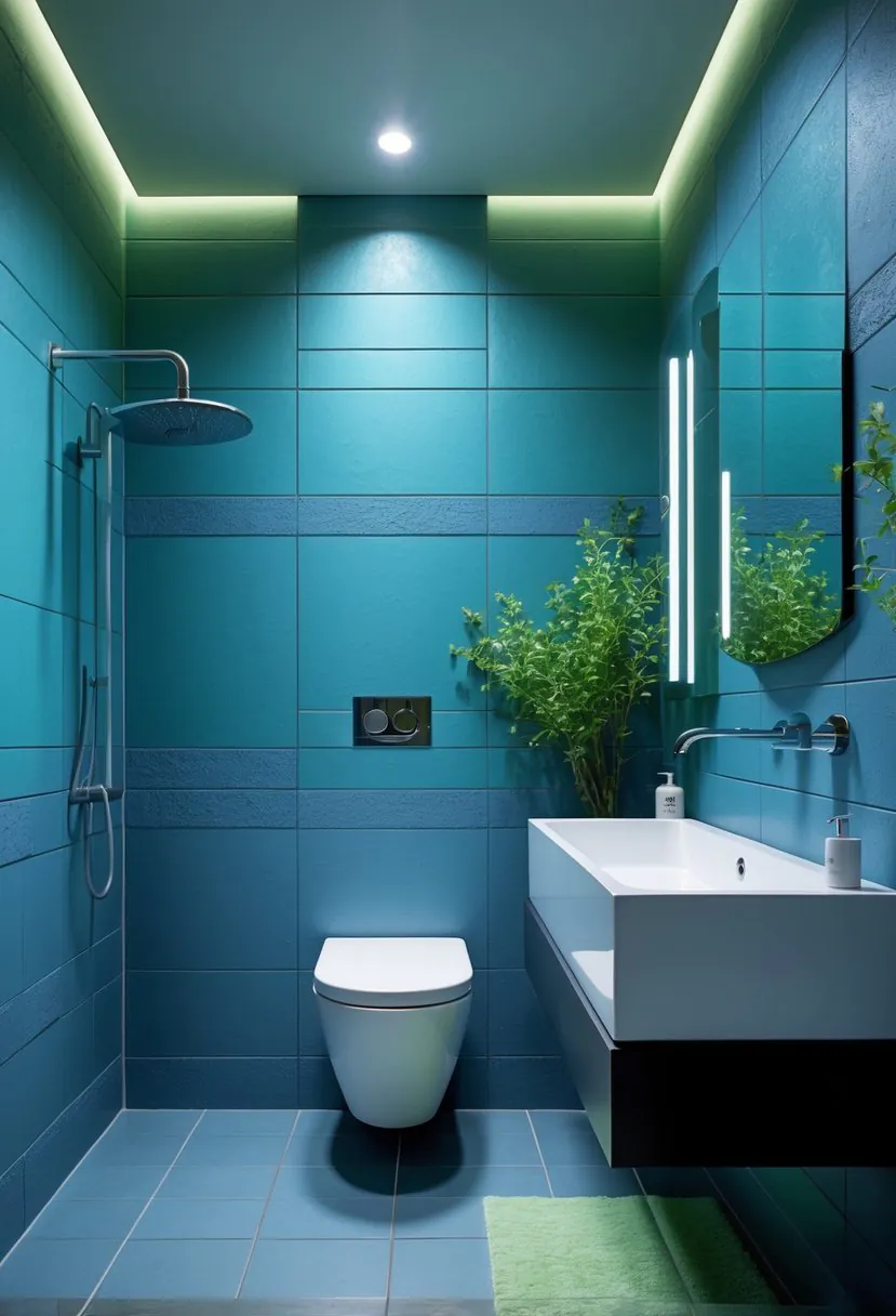A modern bathroom with cool blue tiled walls, a white sink, a frameless mirror, and green plants, creating a fresh and minimal atmosphere.