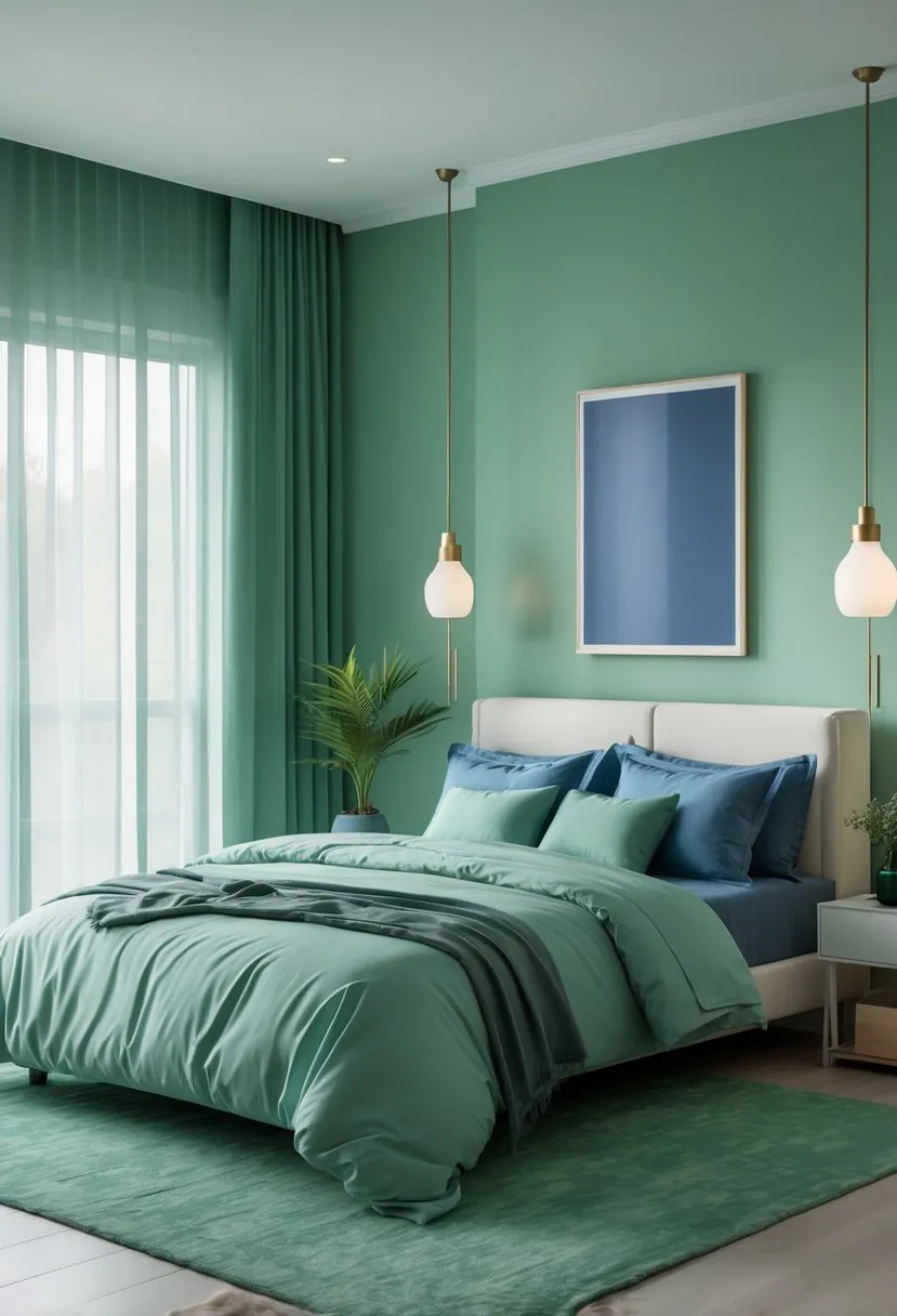 A bedroom with jade green walls, a bed with blue and plum pillows, green plants, and soft natural light creating a calm and peaceful atmosphere.