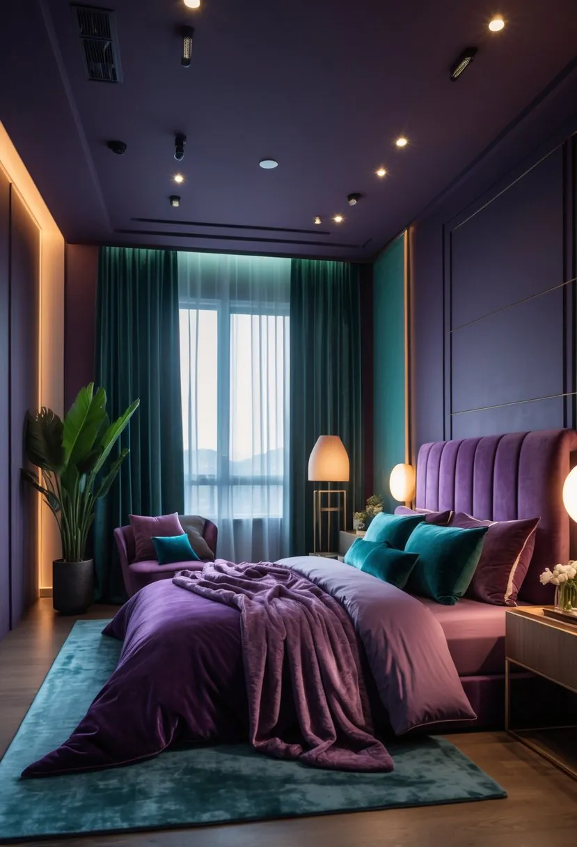 A cozy bedroom with a large bed in deep plum tones, warm lighting, and accents of blue, jade, and green, creating an intimate and luxurious atmosphere.