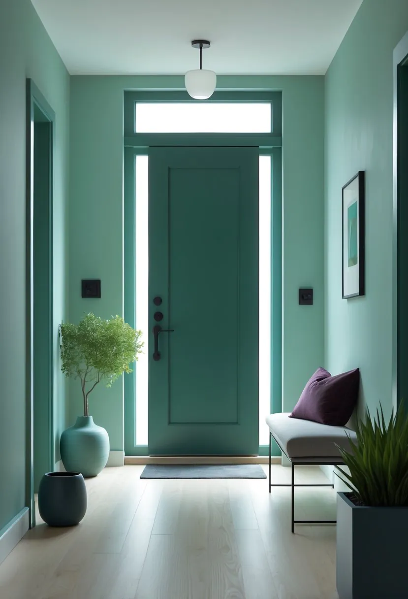 A calm entryway with a jade green door, a bench with a plum pillow, a green plant, and soft natural lighting.