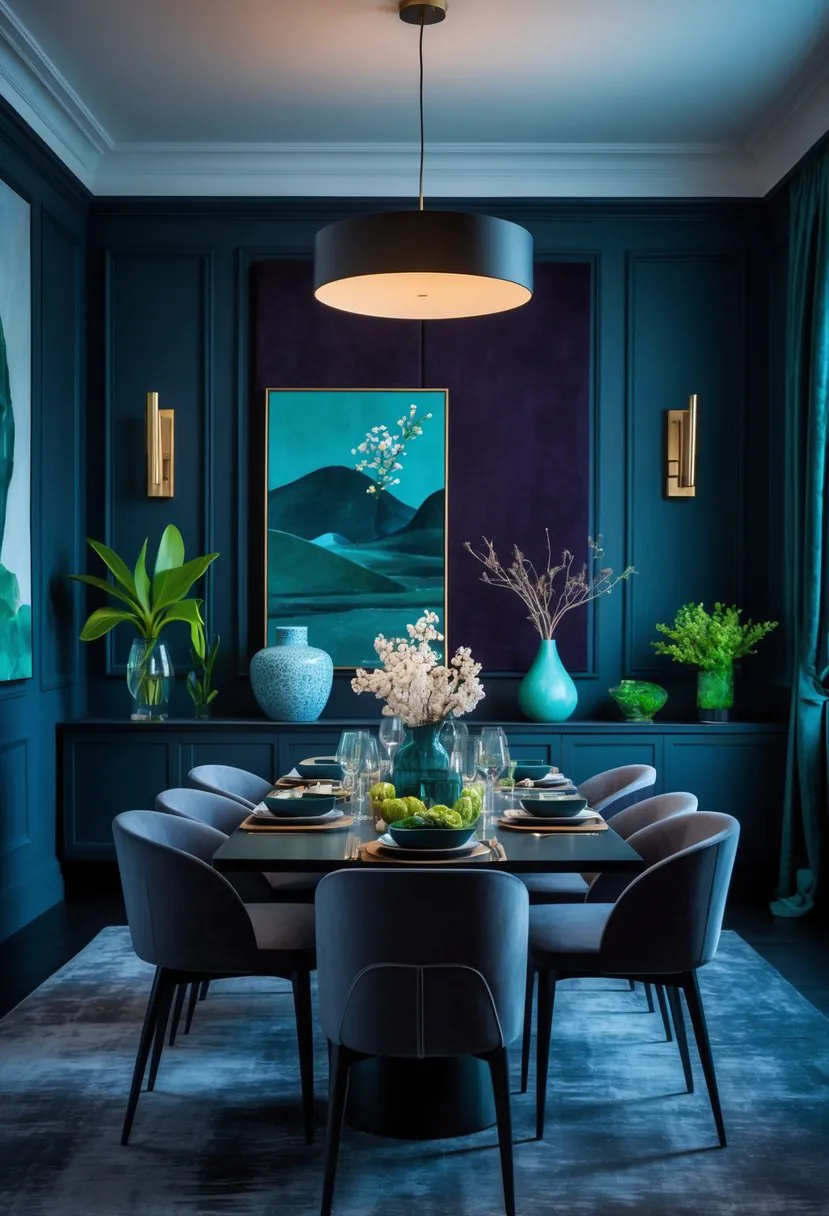A dining room with a table set for a meal, featuring deep plum walls, blue and green decorative accents, and soft lighting.