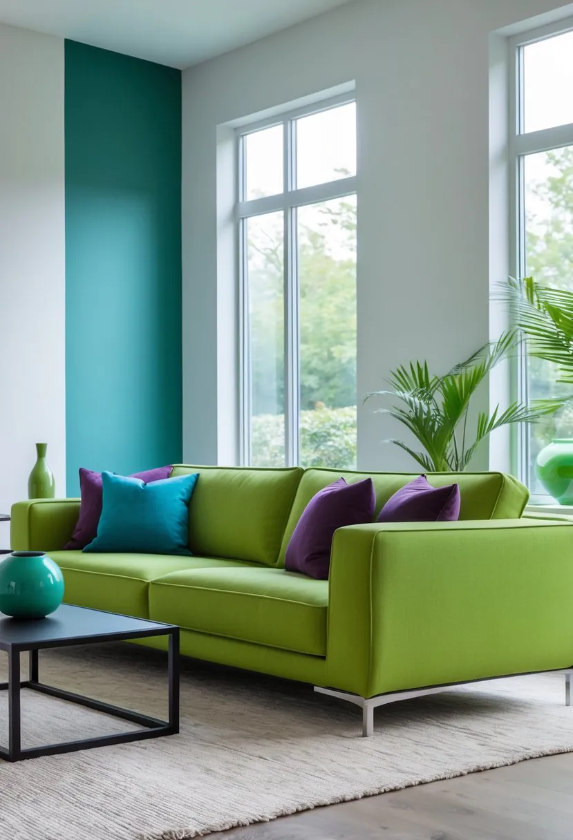 A living room with a wasabi green sofa accented by pillows and decor in cool blue, jade, plum, and black colors.