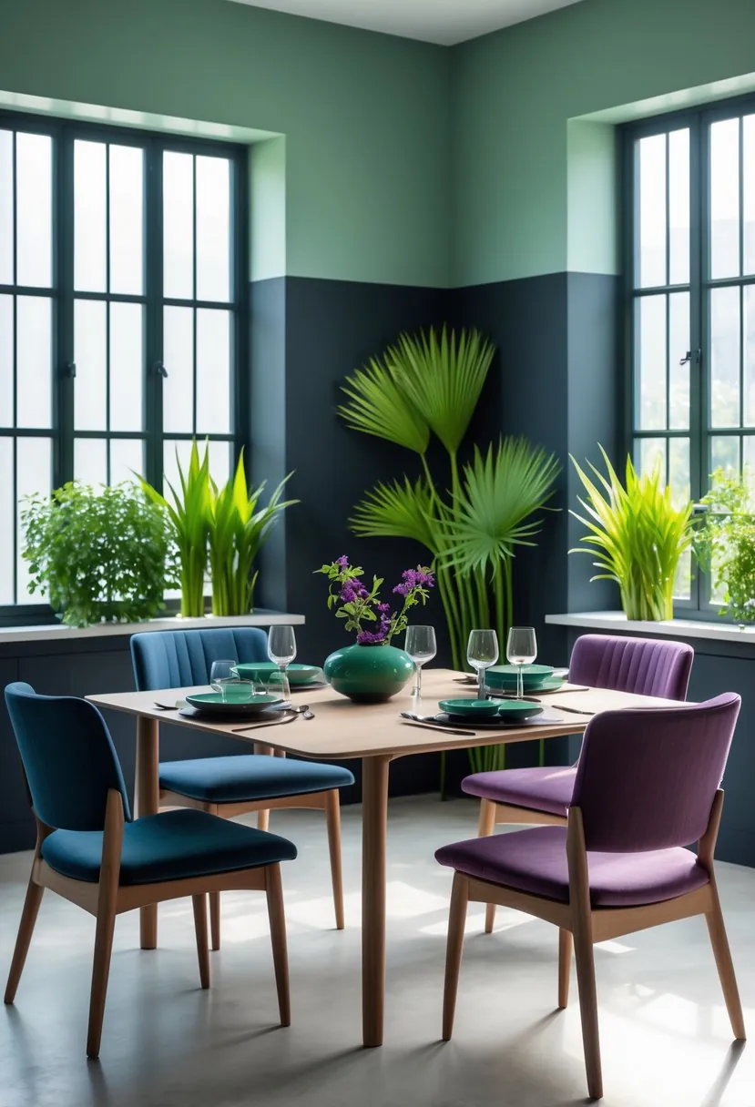 A modern dining room with a wooden table, colorful chairs, green plants, and natural light coming through large windows.
