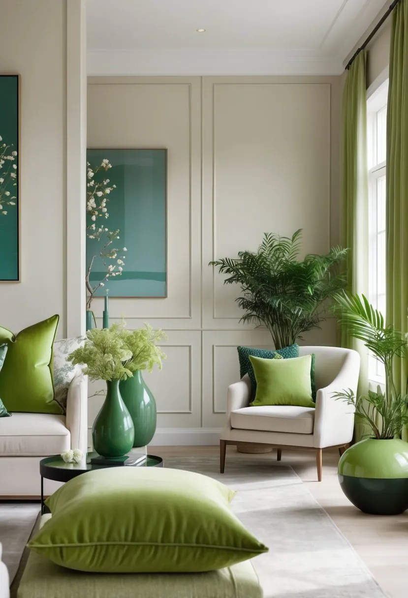 A modern living room with neutral walls and furniture accented by green pillows, plants, and decorative items, with blue and plum accents adding color.