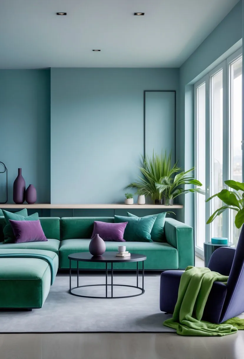 A modern living room with a jade green sofa, cool blue walls, plum and wasabi decorative accents, and natural light coming through large windows.