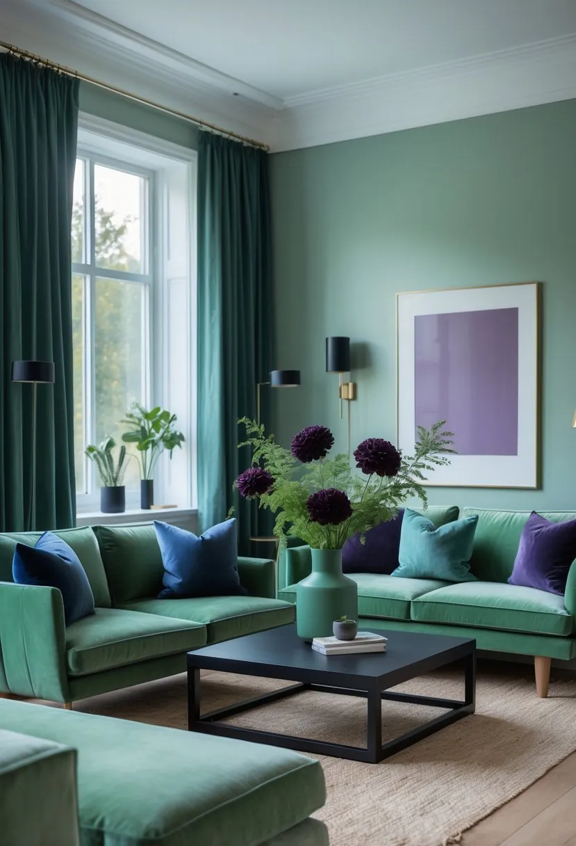 A modern living room with jade green sofas, blue cushions, black coffee table, and plants with green and plum flowers illuminated by natural light.