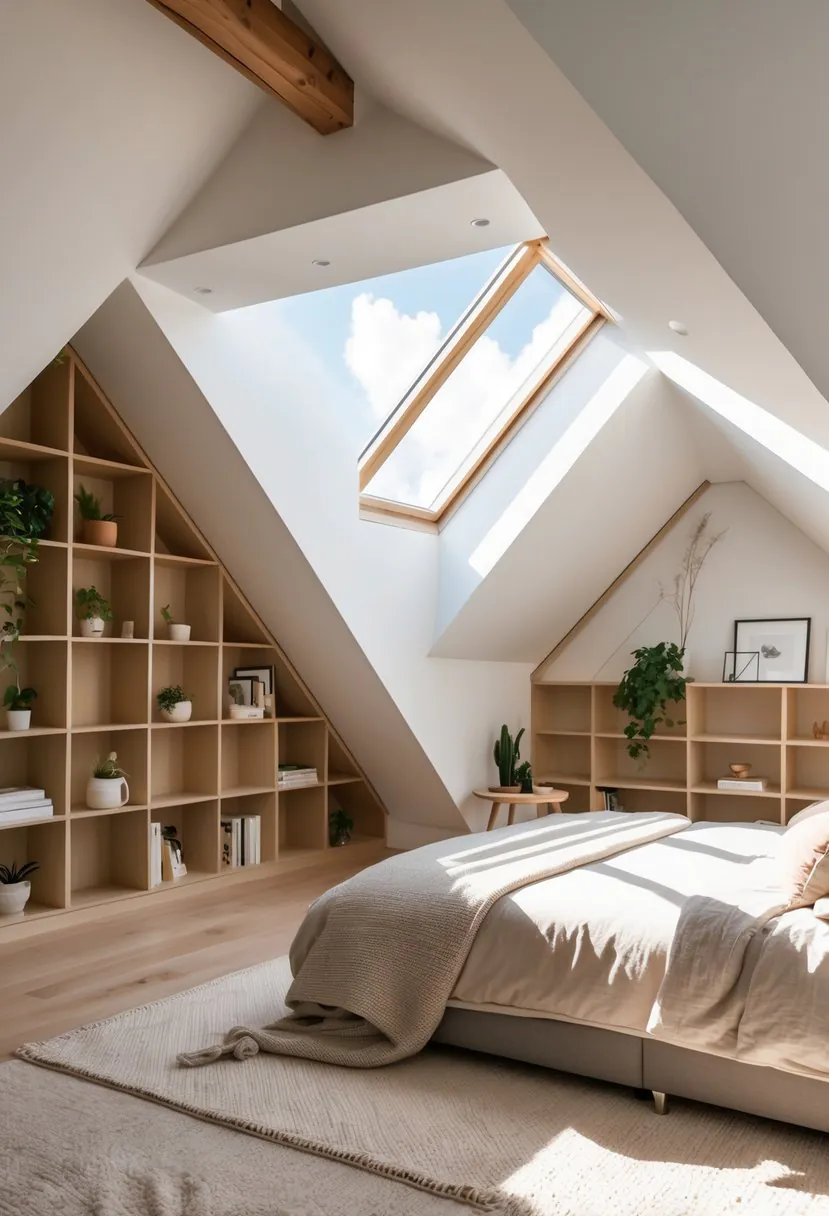 An attic bedroom with built-in shelves along sloped walls, a bed, and natural light coming through a skylight.