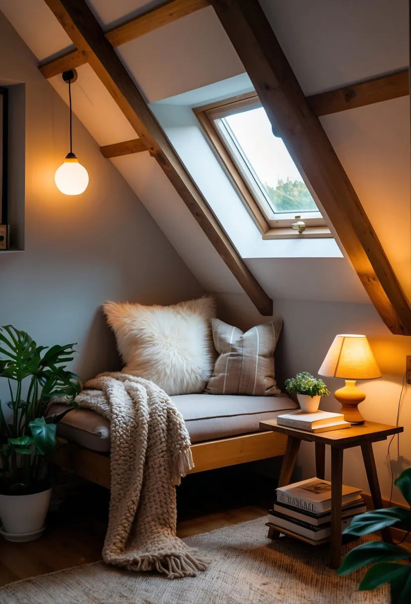 A cozy attic bedroom corner with a comfortable chair, soft lighting, books, and plants.