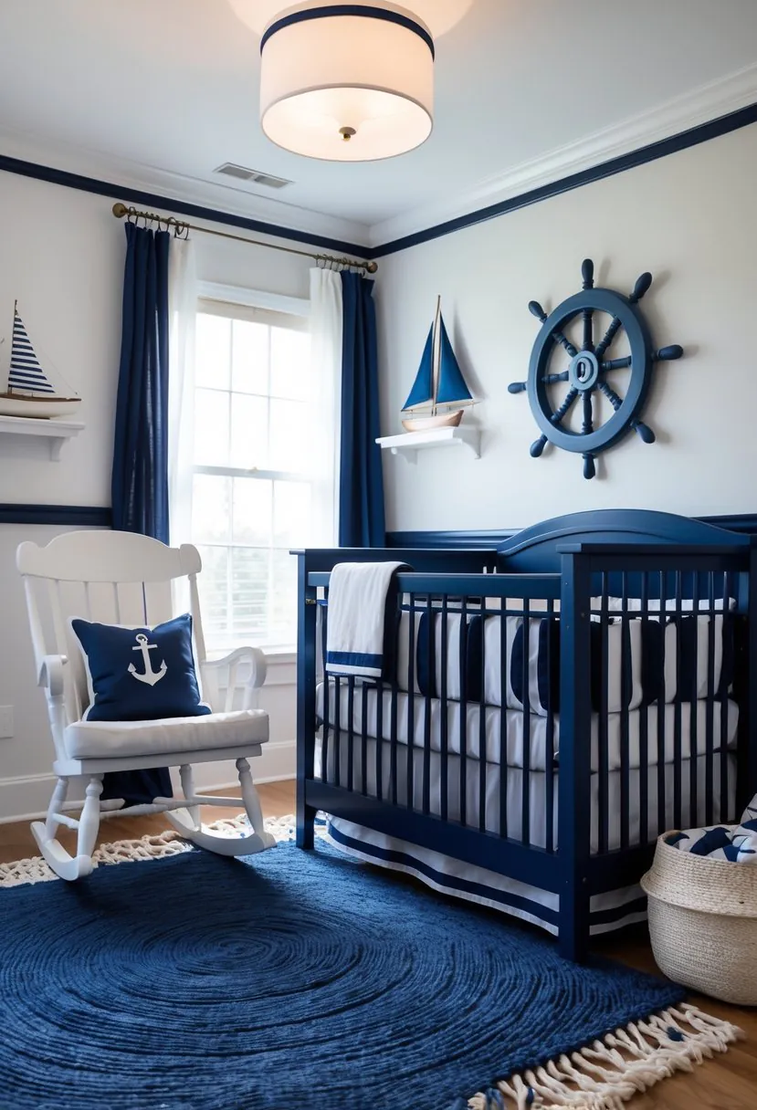A baby boy nursery with navy blue and white nautical decorations including a crib, rocking chair, ship wheel, anchor motifs, and a model sailboat.