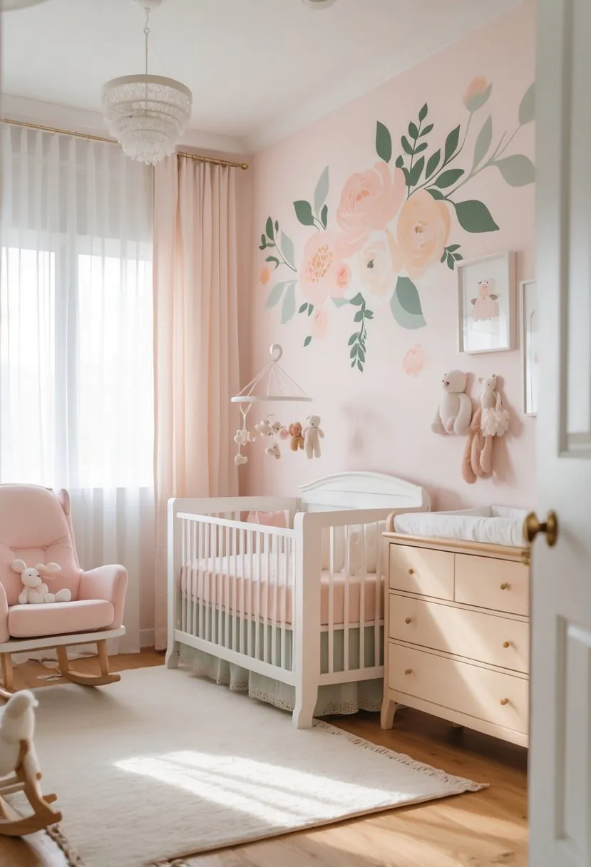 A baby girl nursery with a crib, floral wall decals on an accent wall, a rocking chair, and soft natural light coming through a window.