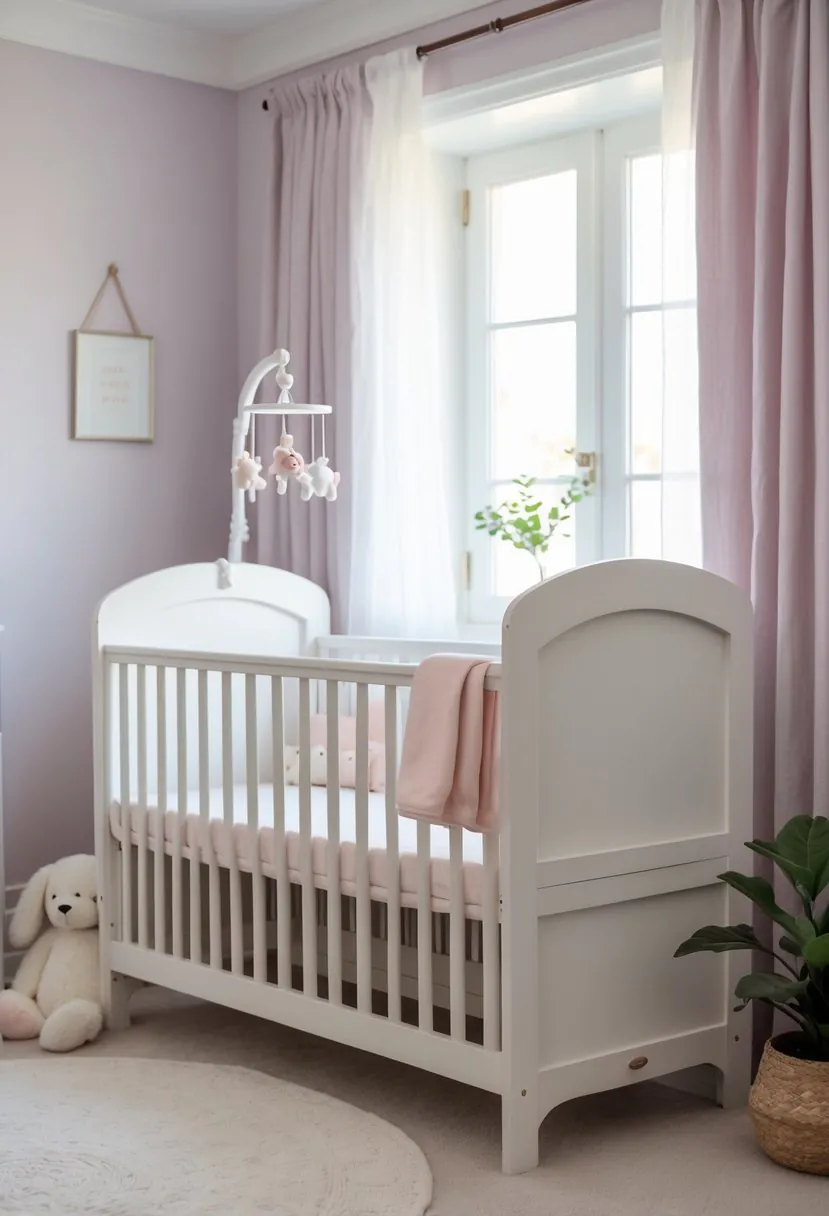 A white wooden crib in a softly lit baby girl nursery with pastel walls, plush toys, and a cozy atmosphere.
