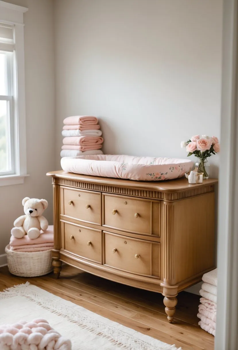 A baby girl nursery with a wooden dresser that has a changing table on top, decorated with baby blankets, a teddy bear, and flowers.