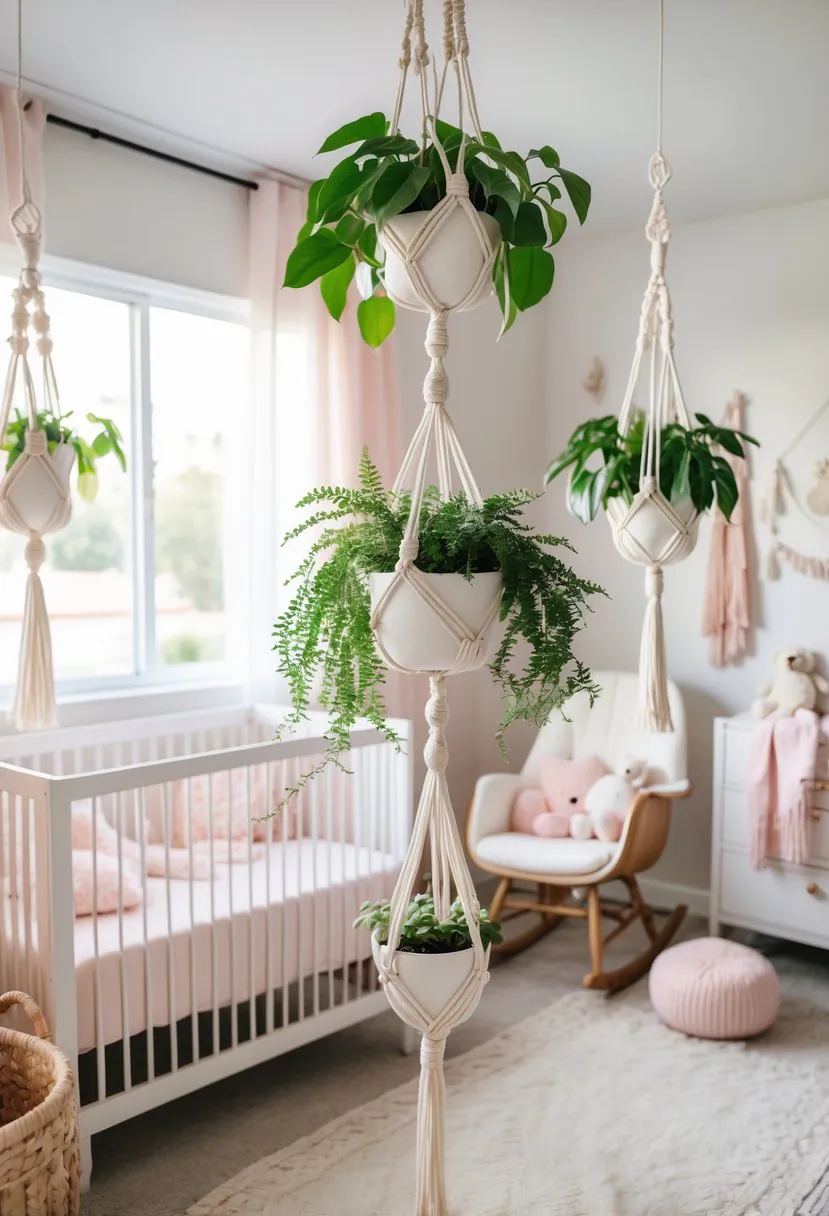 A baby girl nursery with hanging macramé planters containing green plants, a crib, and soft pastel decorations.