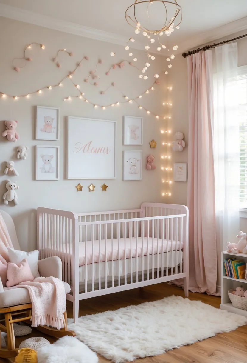 A baby girl nursery with a crib, custom name wall art, plush toys, a rocking chair, and soft natural light.