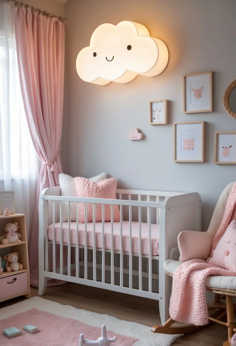 A baby girl nursery with a white crib, a glowing cloud-shaped night light on the wall, soft pastel decorations, and a rocking chair.