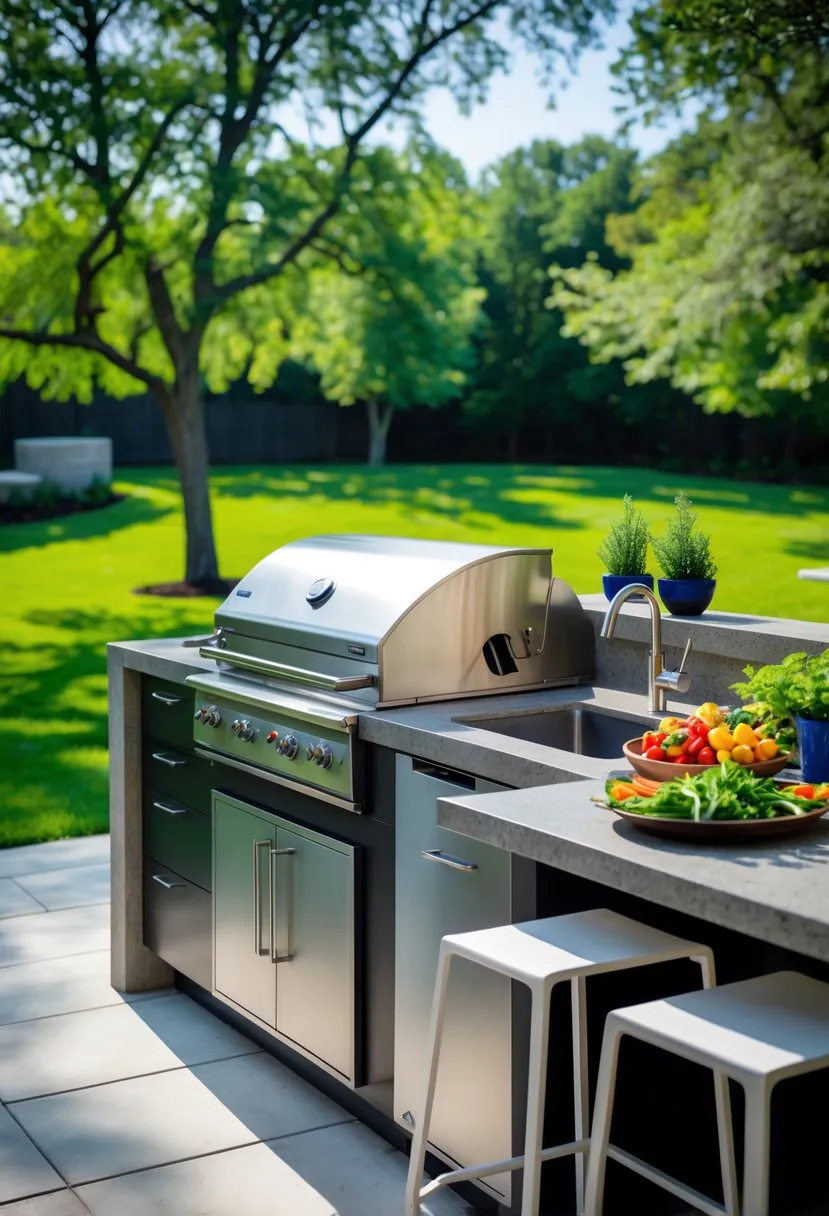 Outdoor kitchen with built-in grill, stone countertop, bar stools, and greenery in a backyard setting.