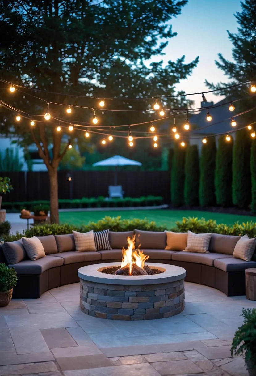 Backyard fire pit with cushioned seating arranged around it, surrounded by plants and soft lighting.
