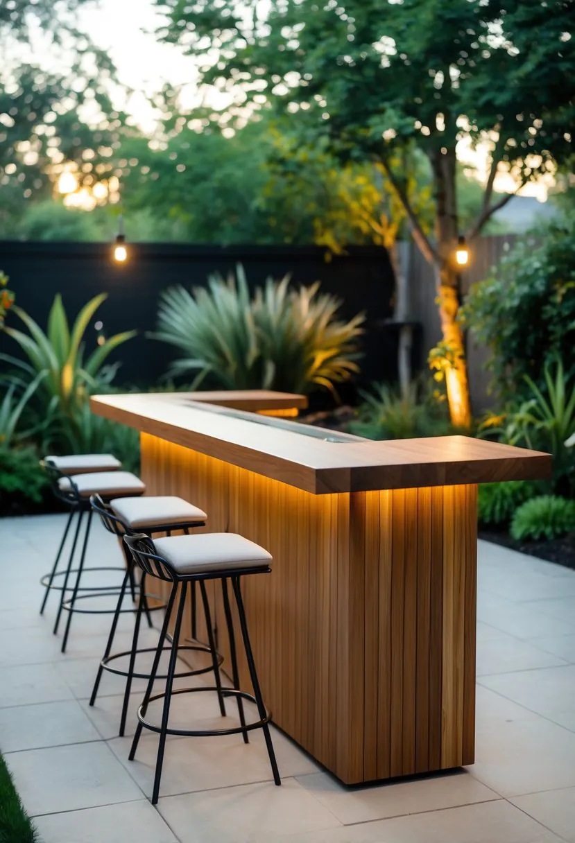 A custom wooden bar counter with stools set outdoors in a backyard surrounded by greenery and plants.