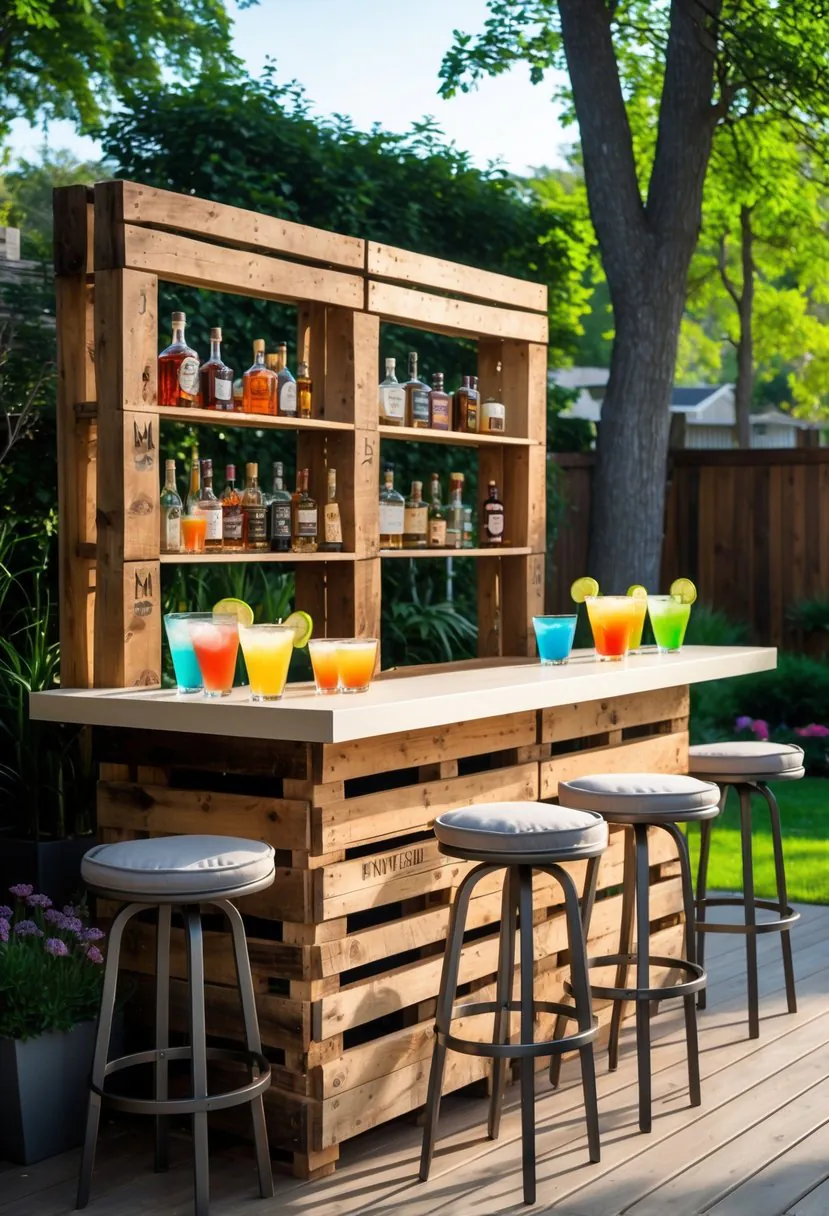 Outdoor backyard bar made from pallet wood with drinks on the counter and stools in front, surrounded by plants and greenery.