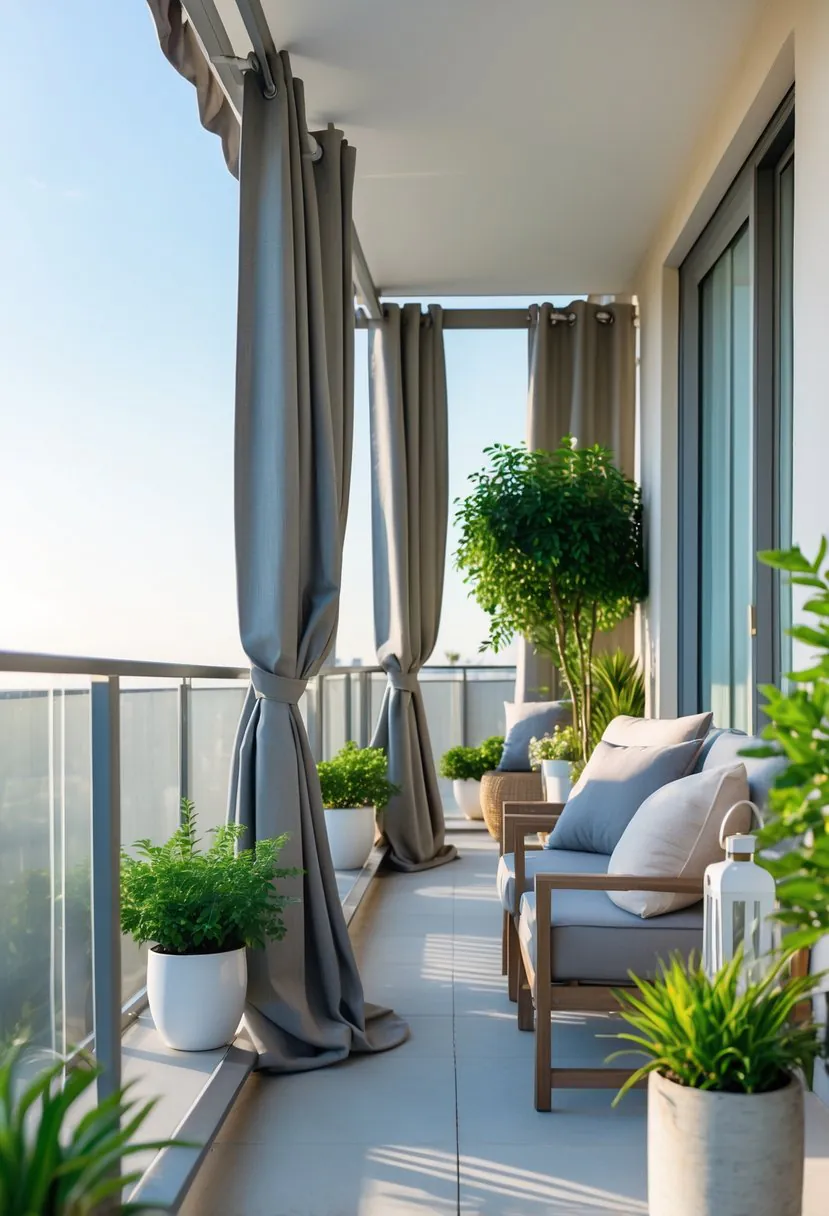A balcony with outdoor privacy curtains, plants, and seating creating a private and comfortable outdoor space.