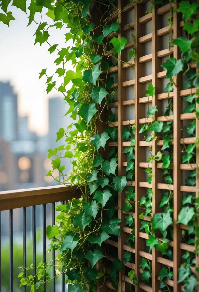 A balcony with wooden lattice panels covered in climbing ivy plants, providing privacy and greenery.