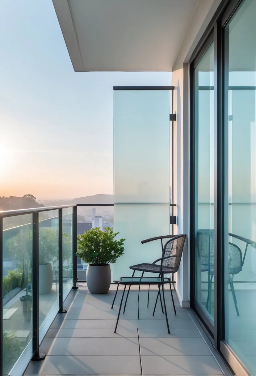 A balcony with frosted glass railing inserts overlooking a cityscape, featuring outdoor furniture and potted plants.