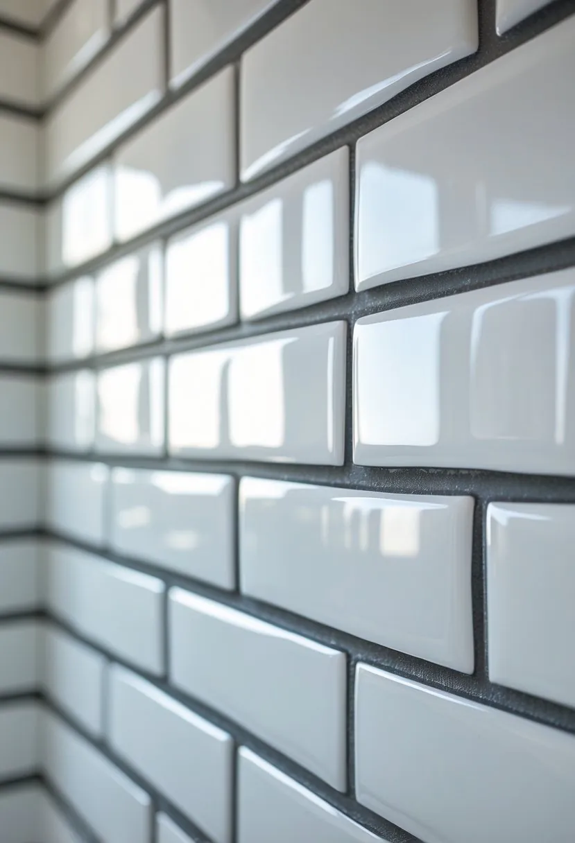 Close-up view of a bathroom wall with white subway tiles and dark grout lines.