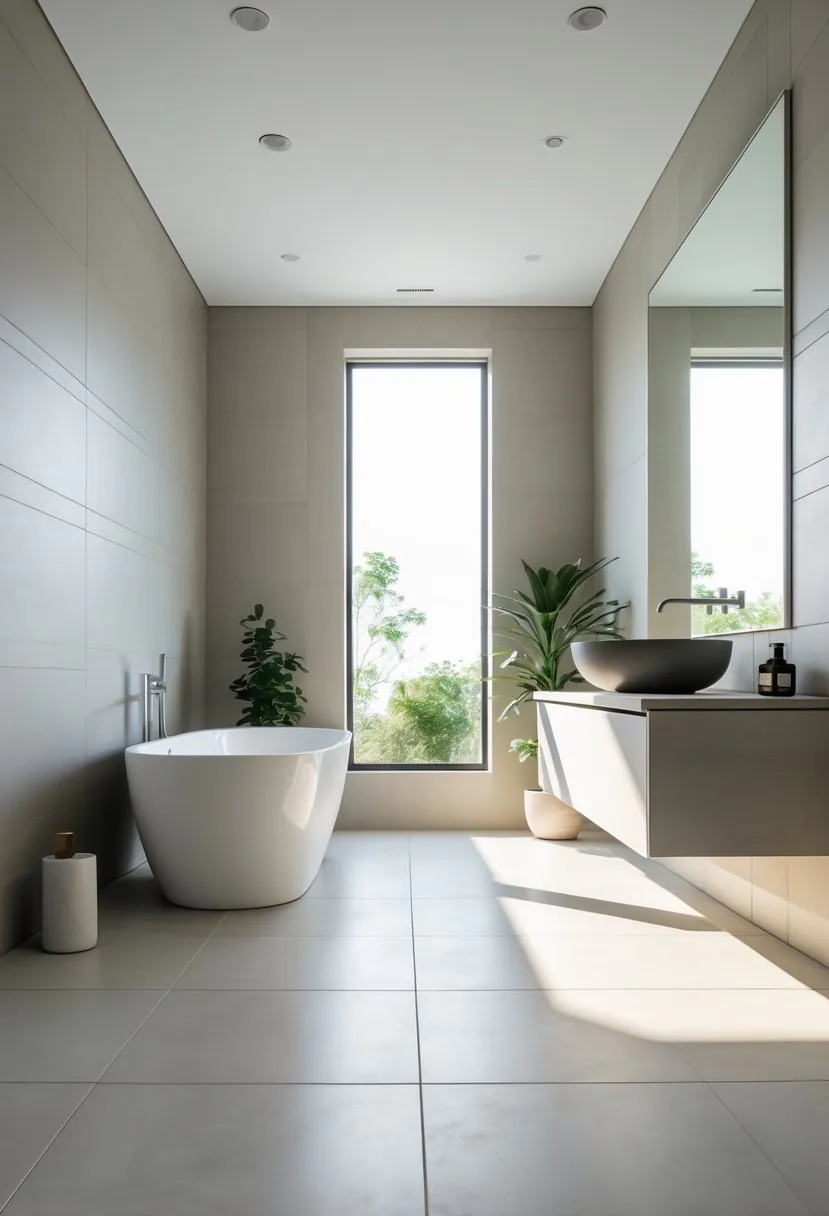 A modern bathroom with large porcelain tiles on the floor and walls, featuring a freestanding bathtub, floating vanity, and natural light.