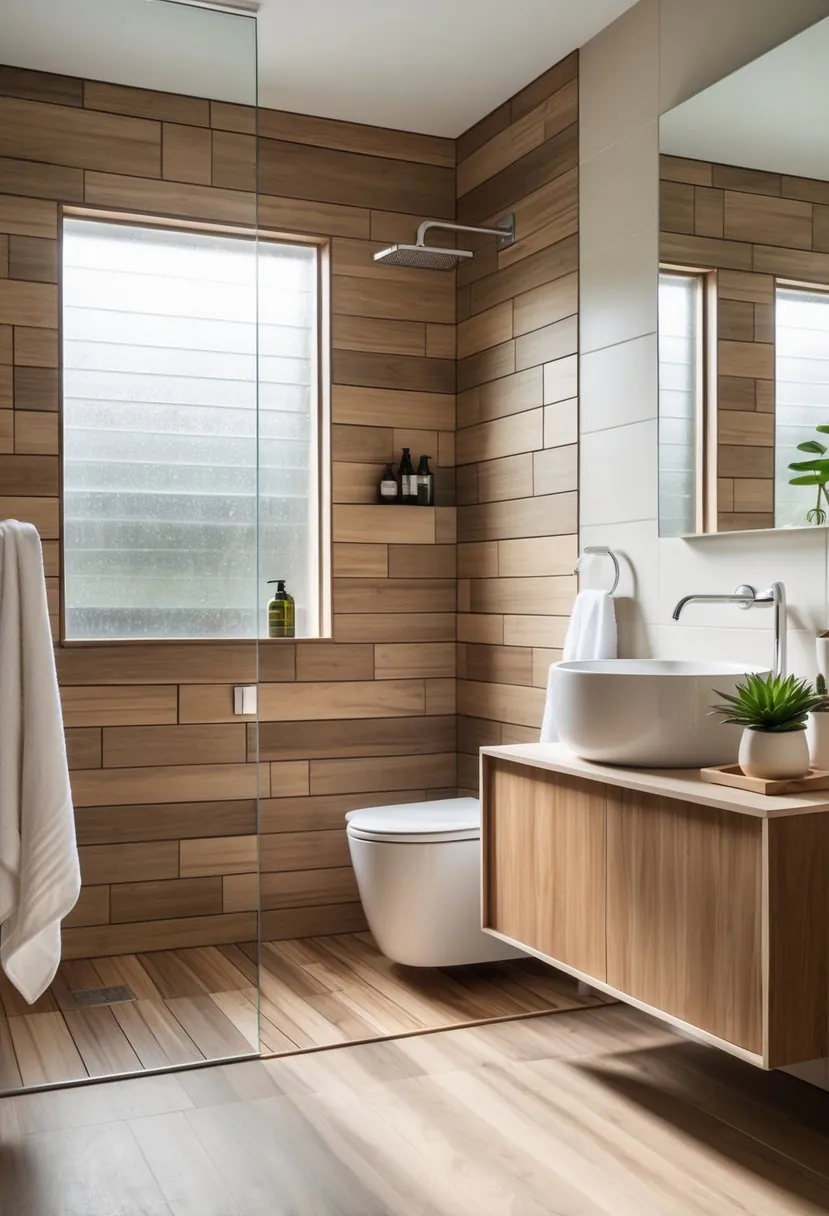 A modern bathroom with wood-look ceramic tiles on the walls and floor, featuring a glass shower, white sink, wooden vanity, and natural light.