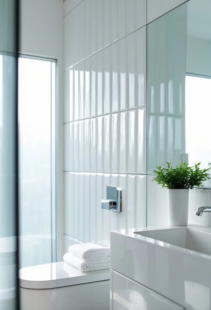 A bathroom wall covered with glossy white beveled tiles next to a vanity with a faucet and a small green plant.