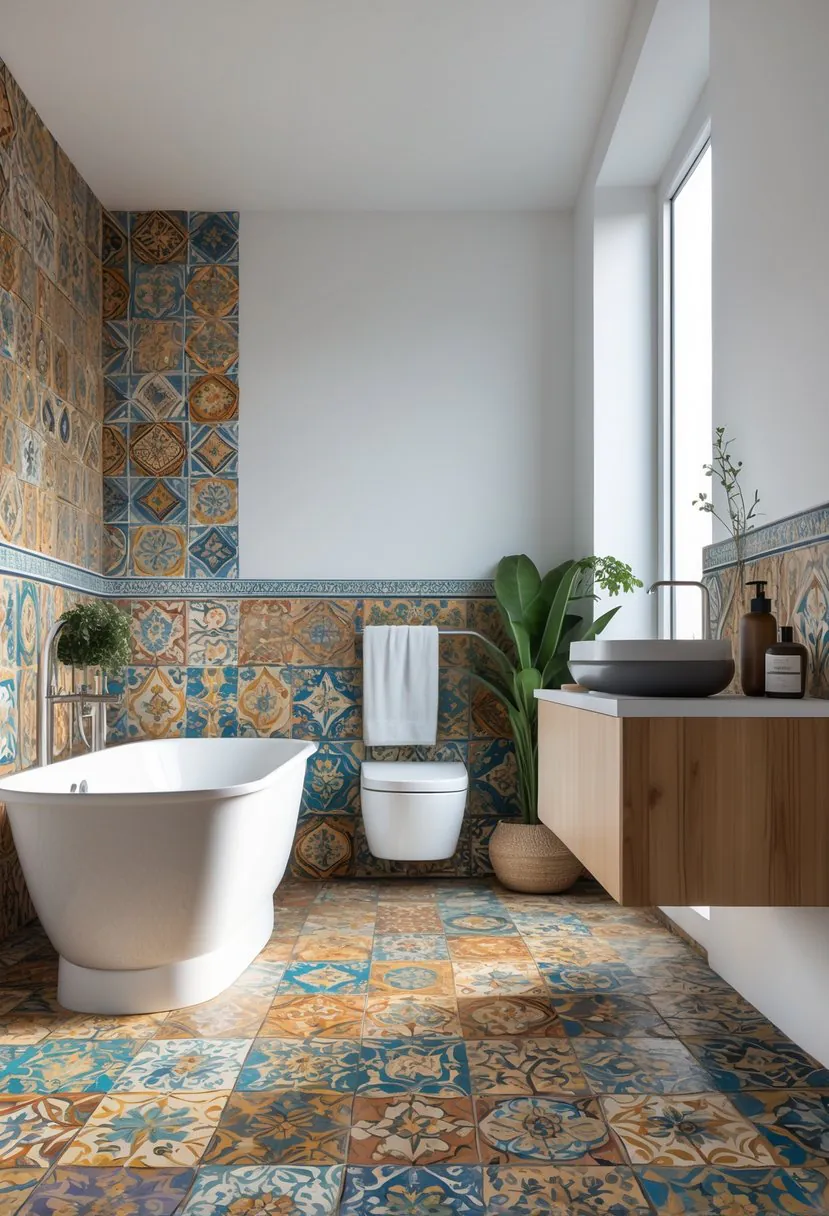 A bright bathroom with colorful patterned floor and wall tiles, a white bathtub, wooden vanity, and decorative plants.