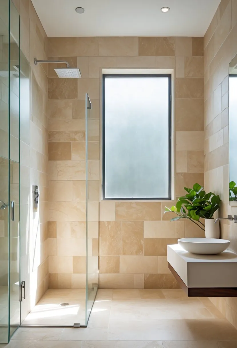 A bathroom with beige travertine tiles on the walls and floor, a glass shower door, and a white sink with a small plant on a wooden shelf.