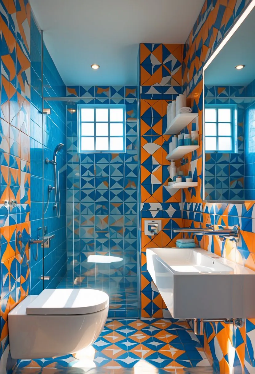 A bright bathroom with colorful geometric patterned tiles on the walls and floor, a white sink, and a large mirror.