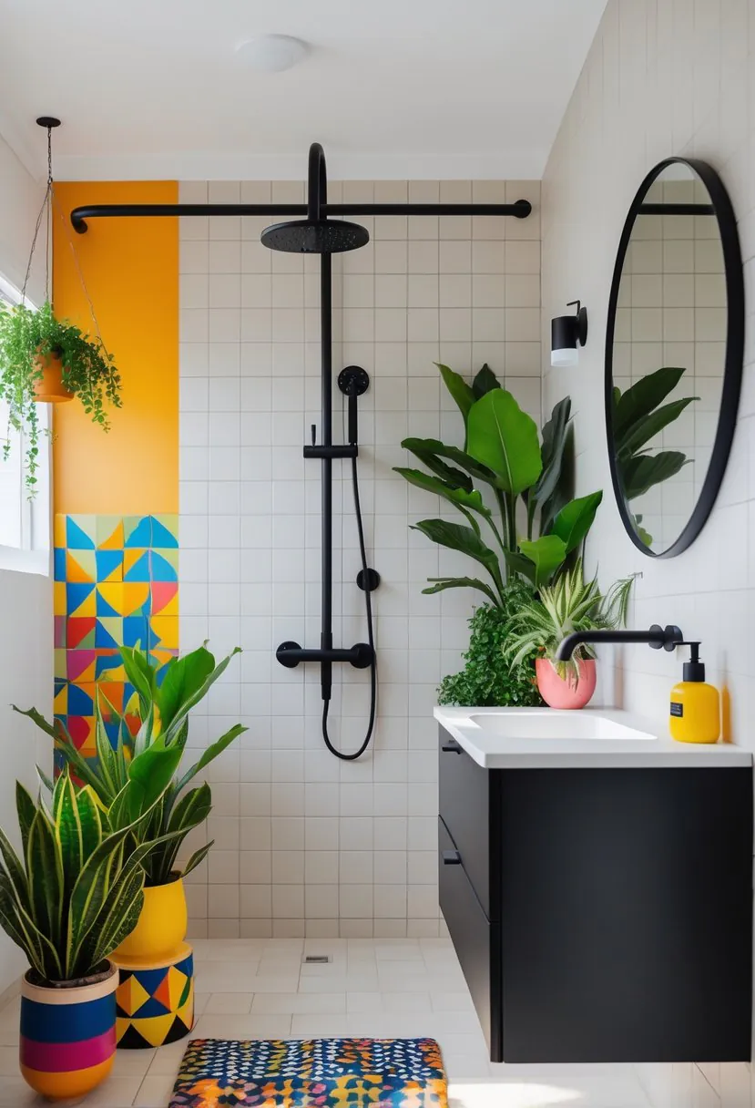 A modern bathroom with black matte fixtures, colorful patterned tiles, plants, and bright decorative accessories.