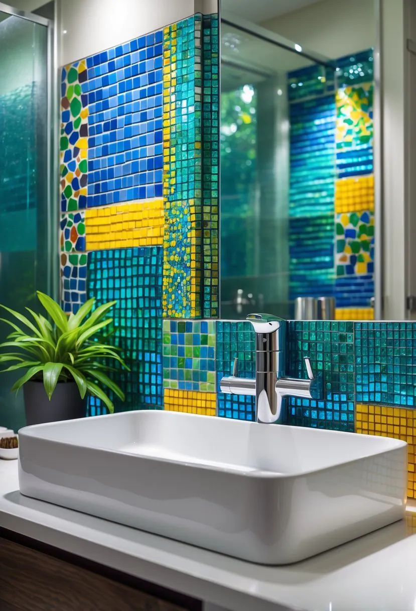 A bathroom sink with a colorful mosaic tile backsplash and modern fixtures.