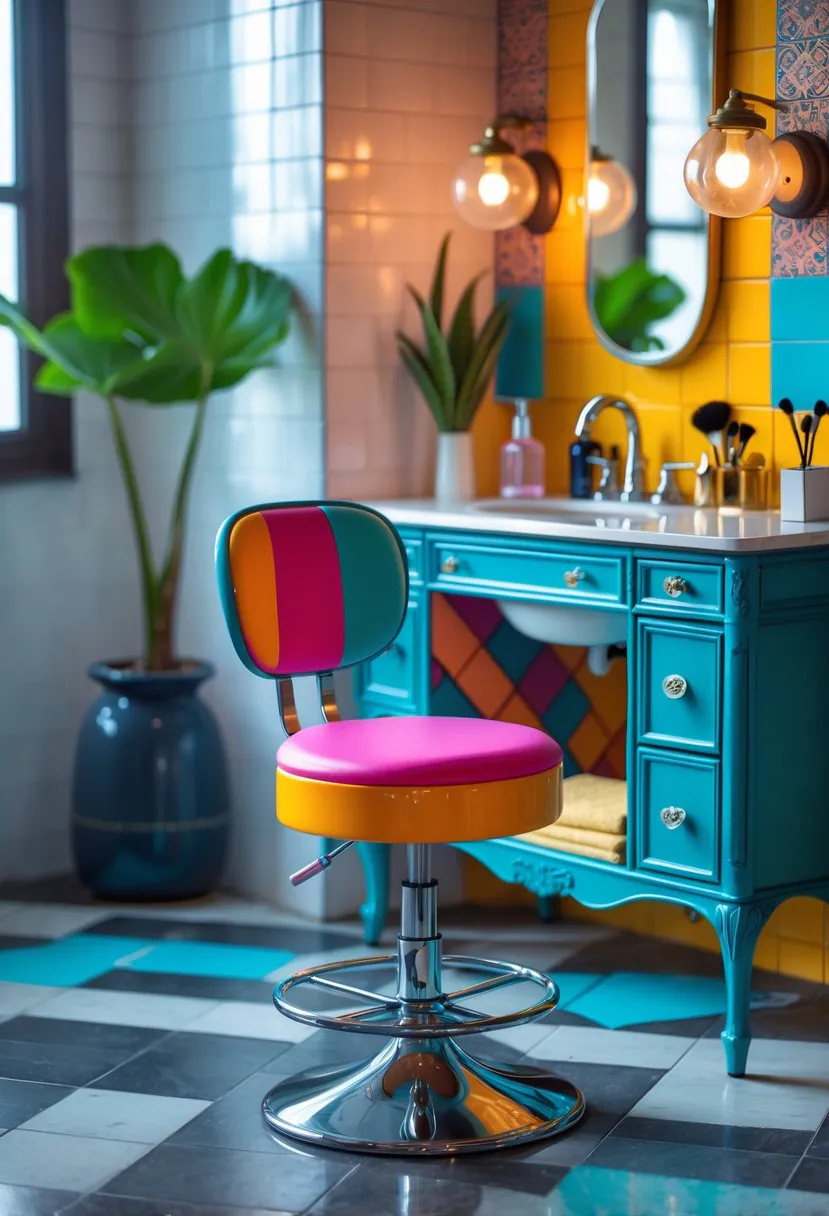 A colorful swivel vanity stool next to a bathroom vanity with mirror and accessories.