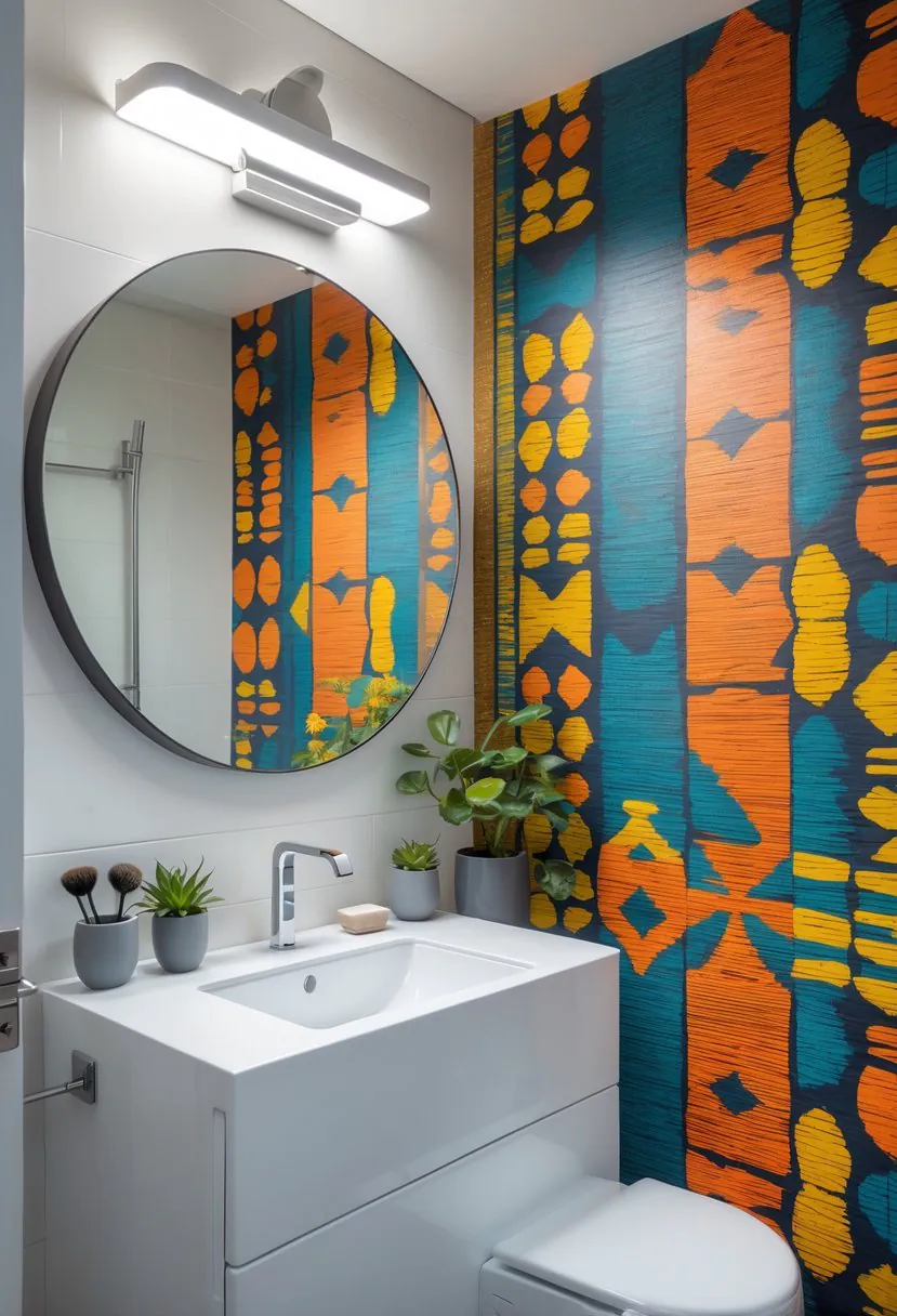 A modern bathroom with a patterned wallpaper accent wall, a white vanity, round mirror, and decorative plants.