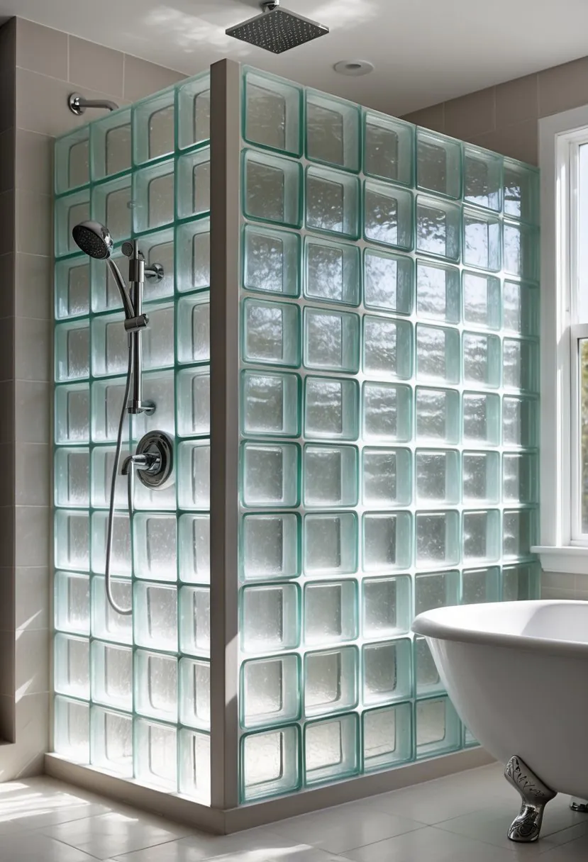 A modern bathroom with a glass block shower enclosure, white bathtub, and natural light coming through a window.