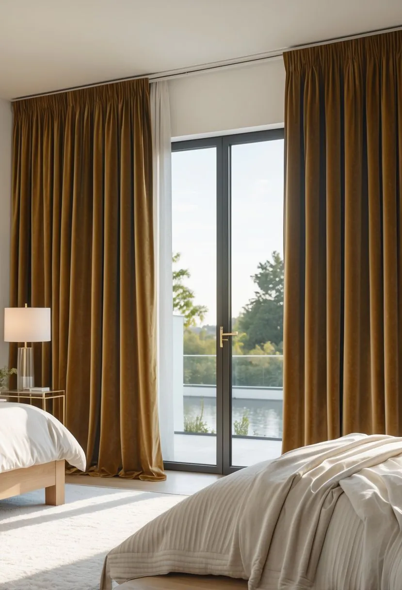 A bedroom with large floor-to-ceiling velvet curtains covering a window, a bed, and a bedside table with a lamp.