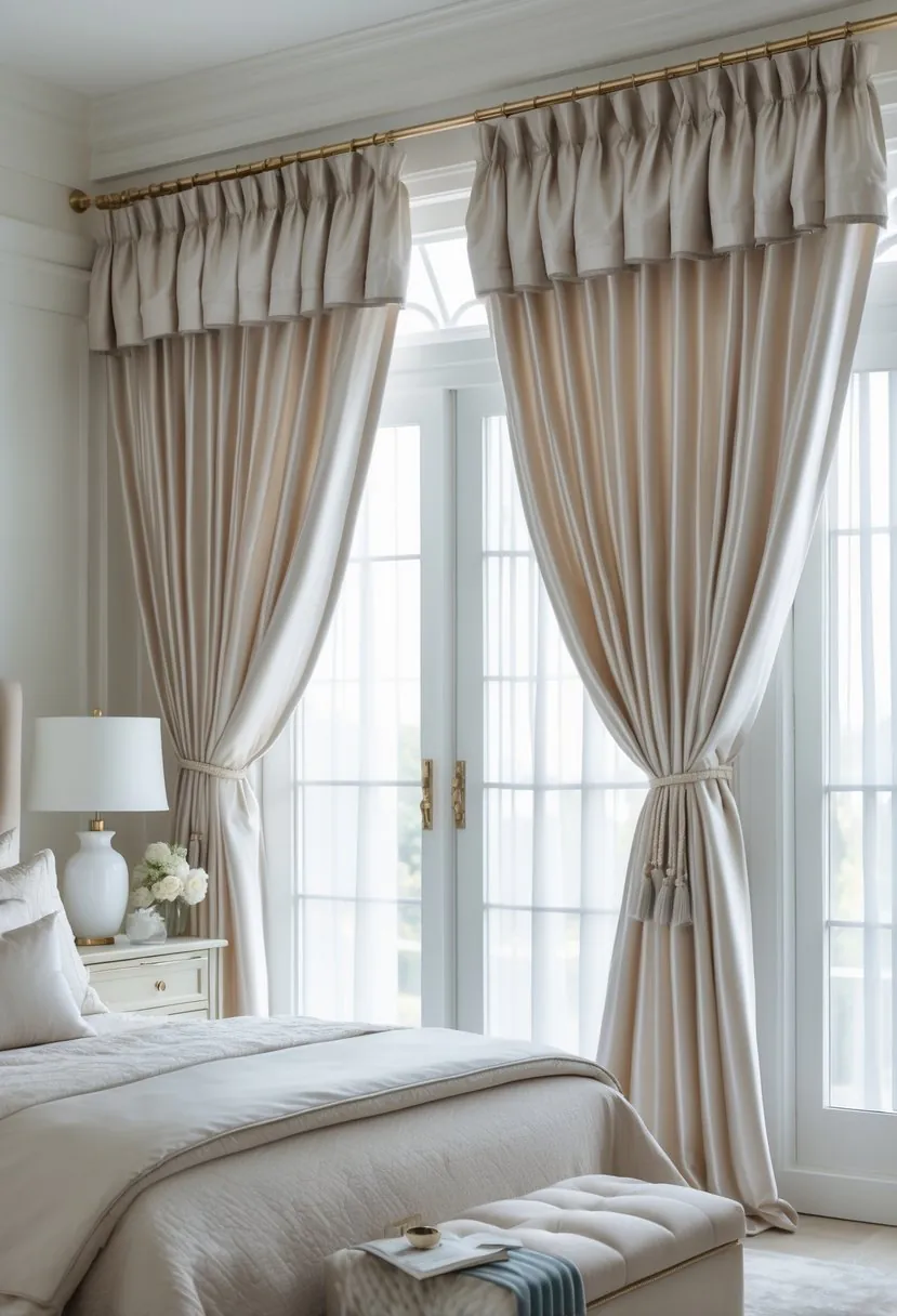 A bedroom with large windows covered by silk curtains held back by tiebacks, letting in natural light.