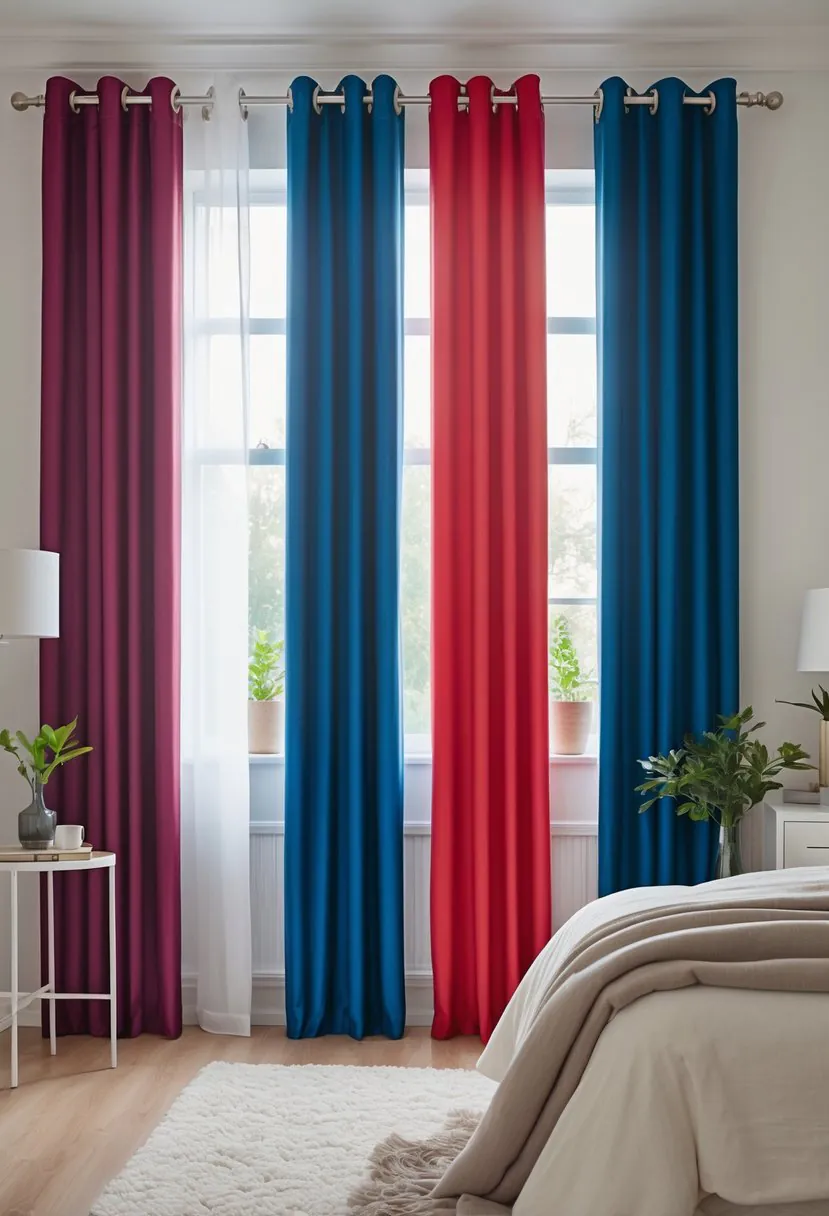 A bedroom with bold colored grommet top curtains hanging over a window, a bed with neutral linens, and simple furniture.