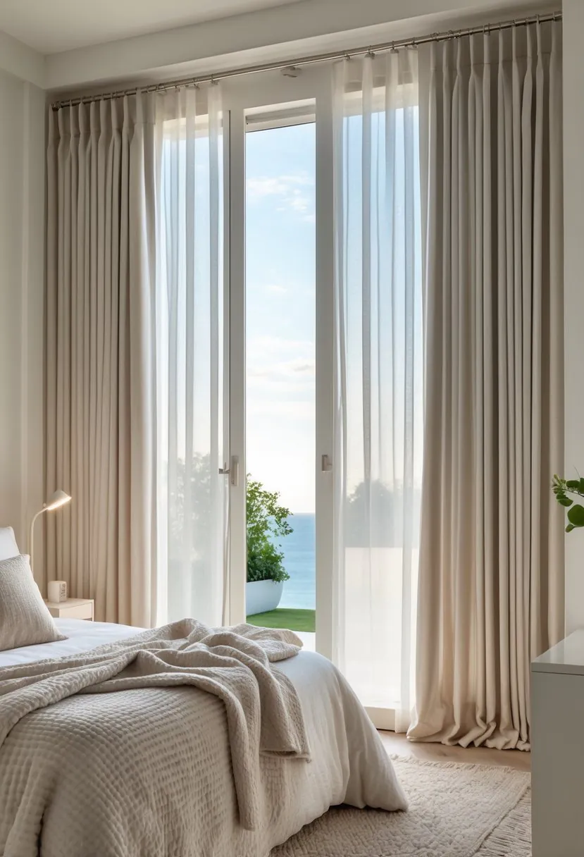 A modern bedroom with large windows covered by thermal insulated curtains, a cozy bed, and soft natural light coming through.