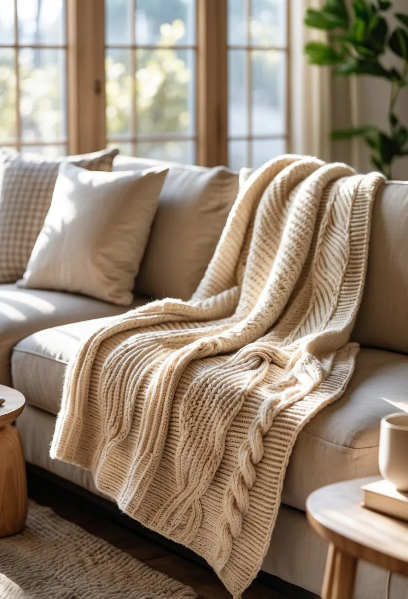 A beige knit blanket draped over a sofa in a cozy living room with cushions, a coffee table, and plants.